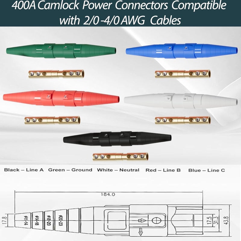 ZGTools (5Pack) CLS40 400A Cam Lock Power Connector, Camlock Wire Set with 5 Male & Female for Power Distro Cord, 2/0-4/0 Cam-Lock Cable, 600V Camlocks Connectors for Stage Entertainment/Industrial, 5 Colors - Image 3